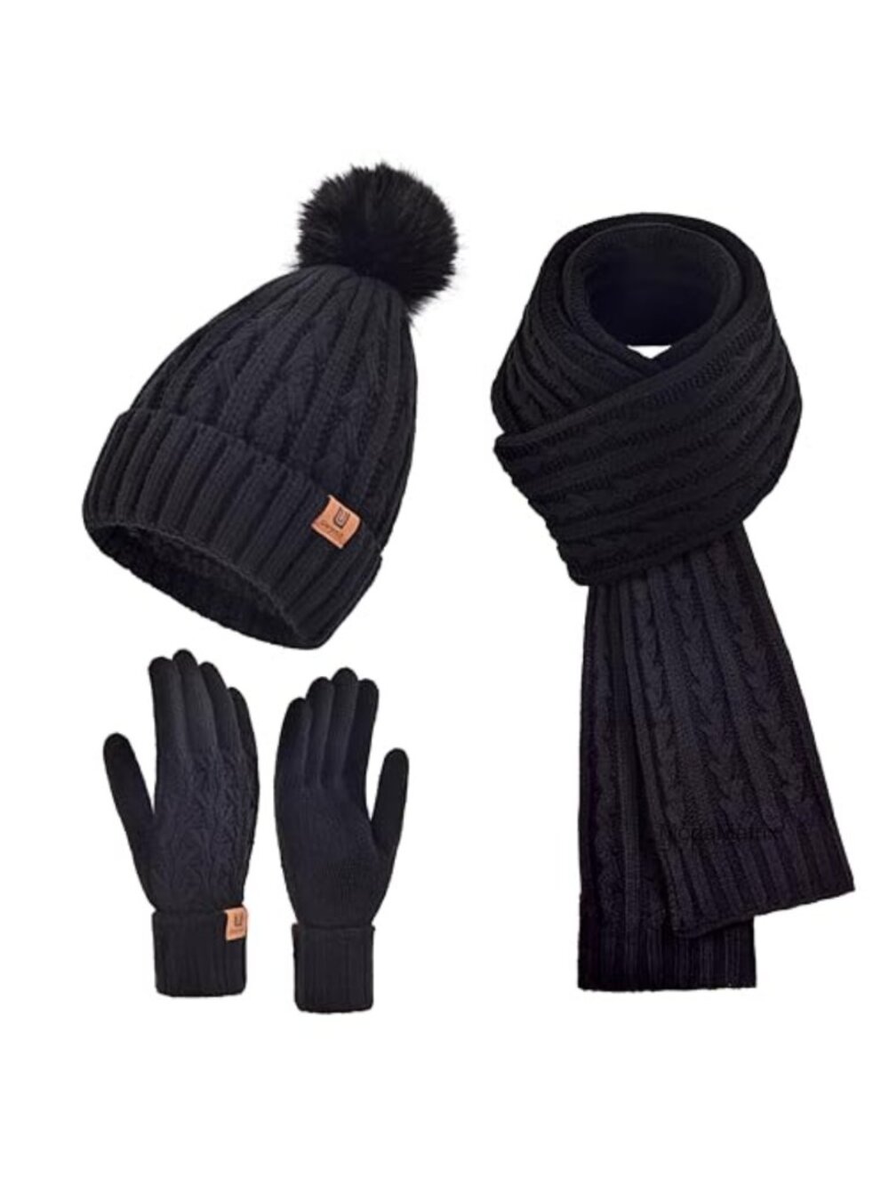 Fleece Lined Beanie Hat Long Scarf Touchscreen Gloves 3 in 1 Winter Set